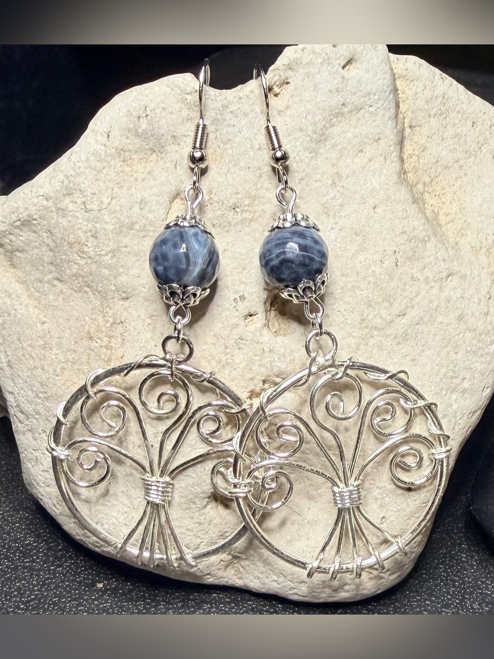 ✨Handmade✨Silver Wire Tree of Life Earrings with Blue Stone Beads